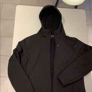 Black mid-weight hooded lined jacket. Size L